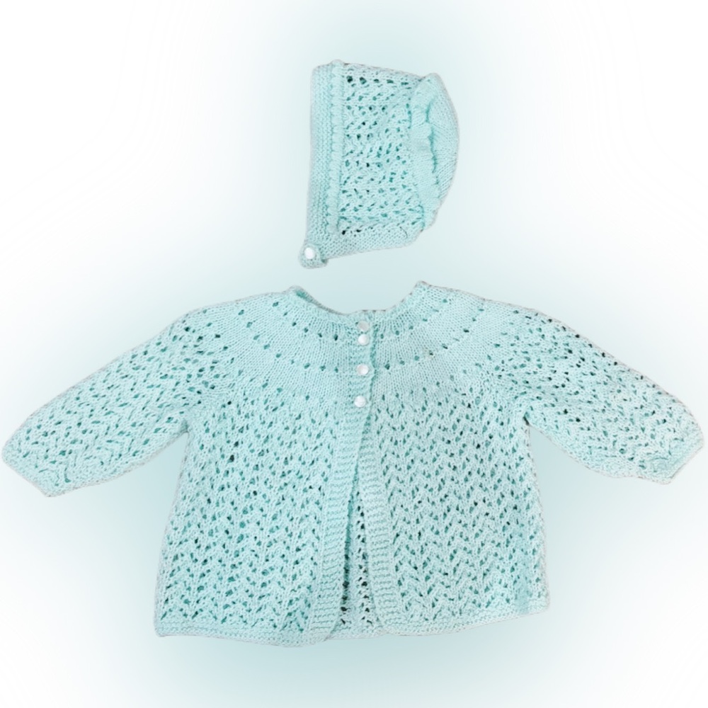 Vintage Mint Green Knit Baby Sweater and Hat Set.